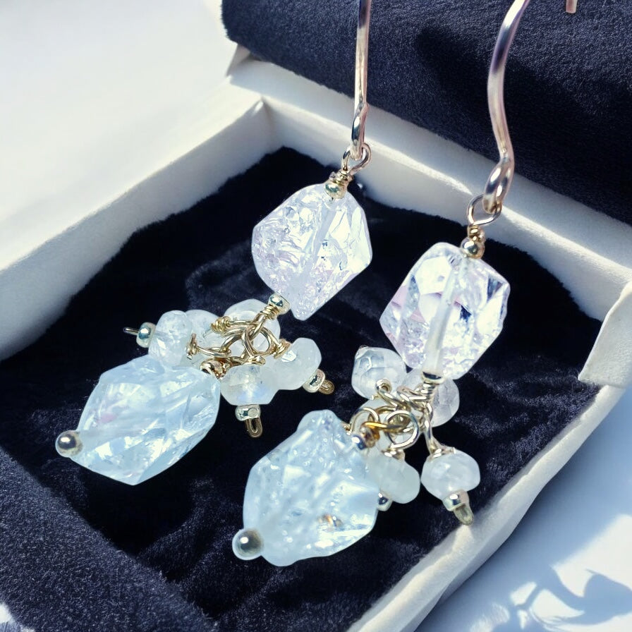 Herkimer Diamond Crystal Quartz, Moonstone and Sterling Silver Dangle Earrings