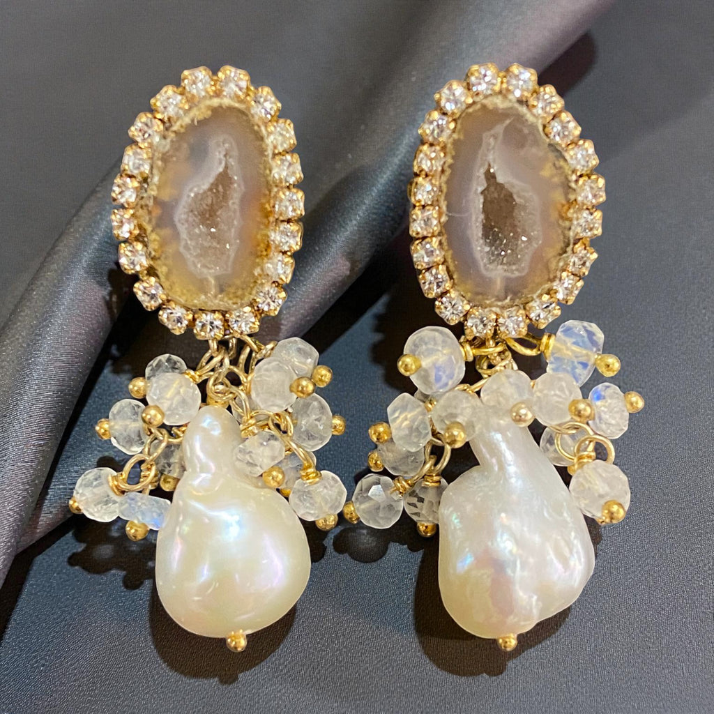Golden Beige Tabasco Geode and Ivory White Baroque Pearl Earrings