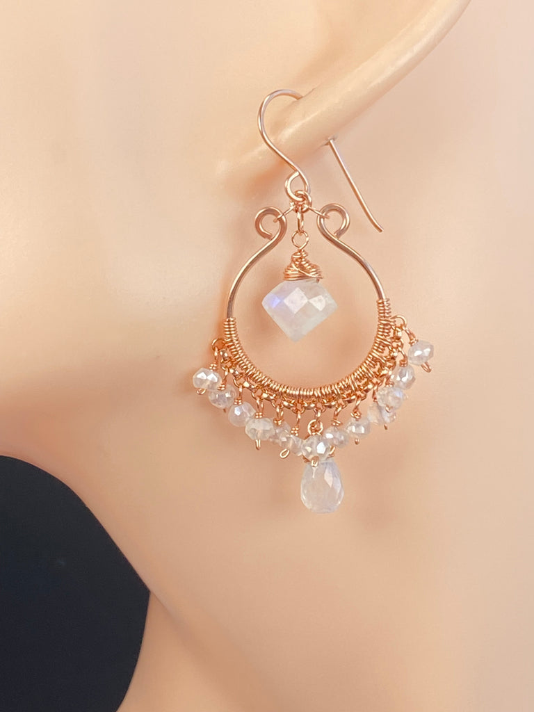 Diamond-Shaped Rainbow Moonstone Rose Gold Hoop Chandelier Earrings - Doolittle