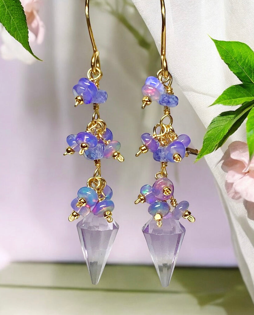 Amethyst Rose de France and Lavender Opal Dangle Earrings Gold Fill