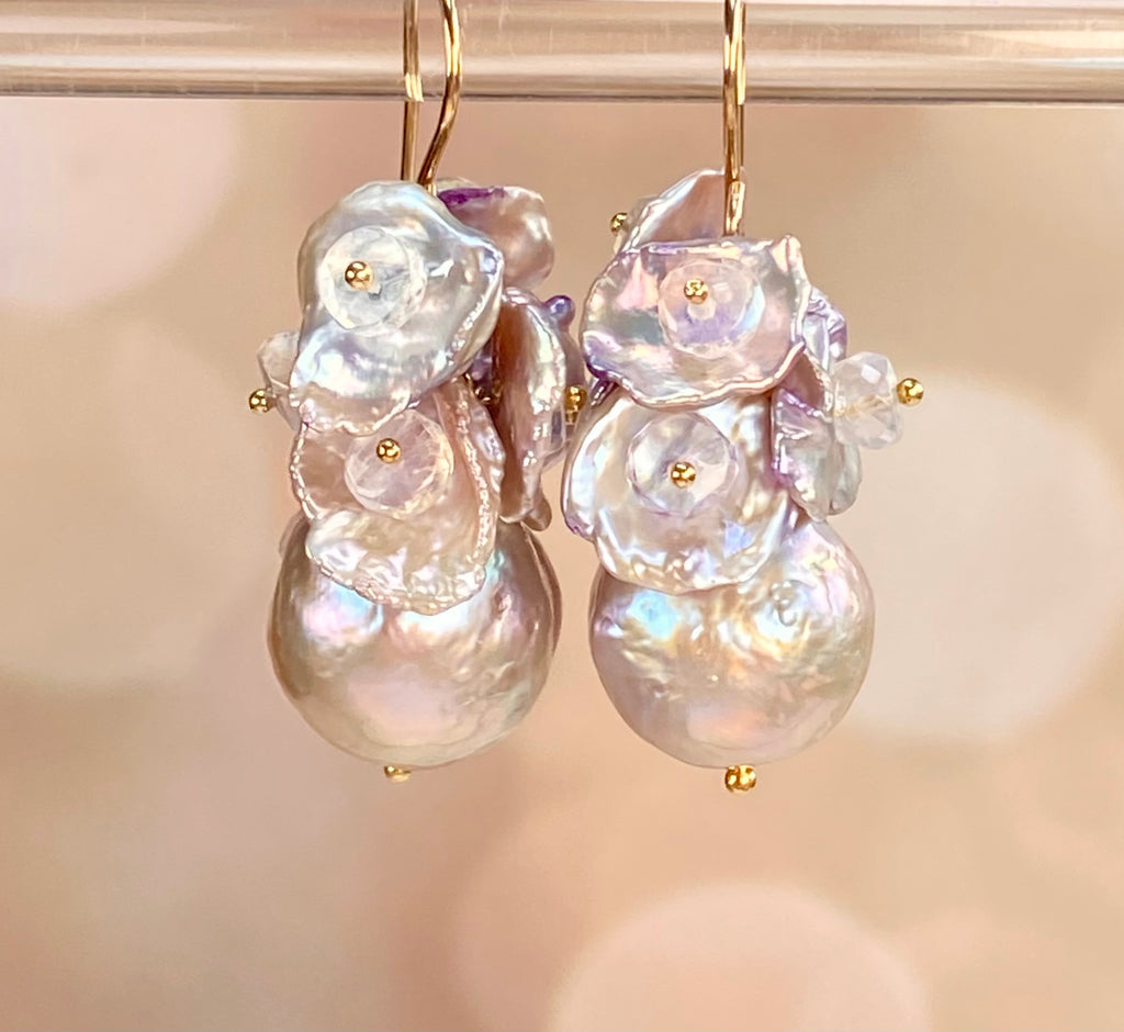 Silver Gray AAAA Pearl Cluster Earrings with Lavender Keishi and Rainbow Moonstone - Doolittle