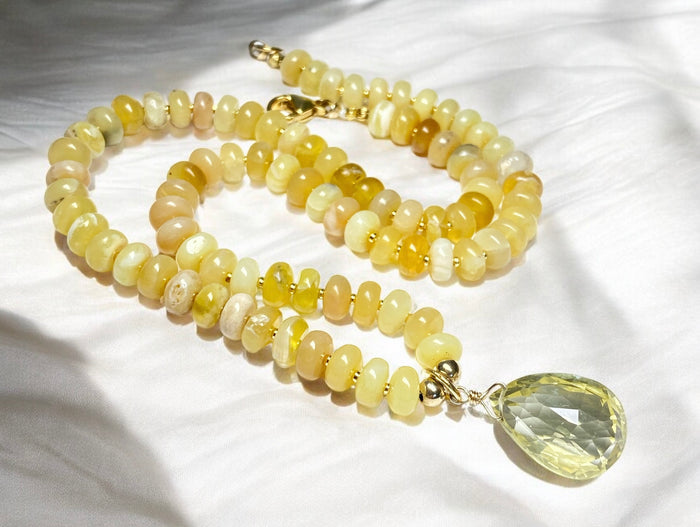 Lemon Quartz Gemstone Pendant on Yellow Opal Knotted Necklace, Gold Fill