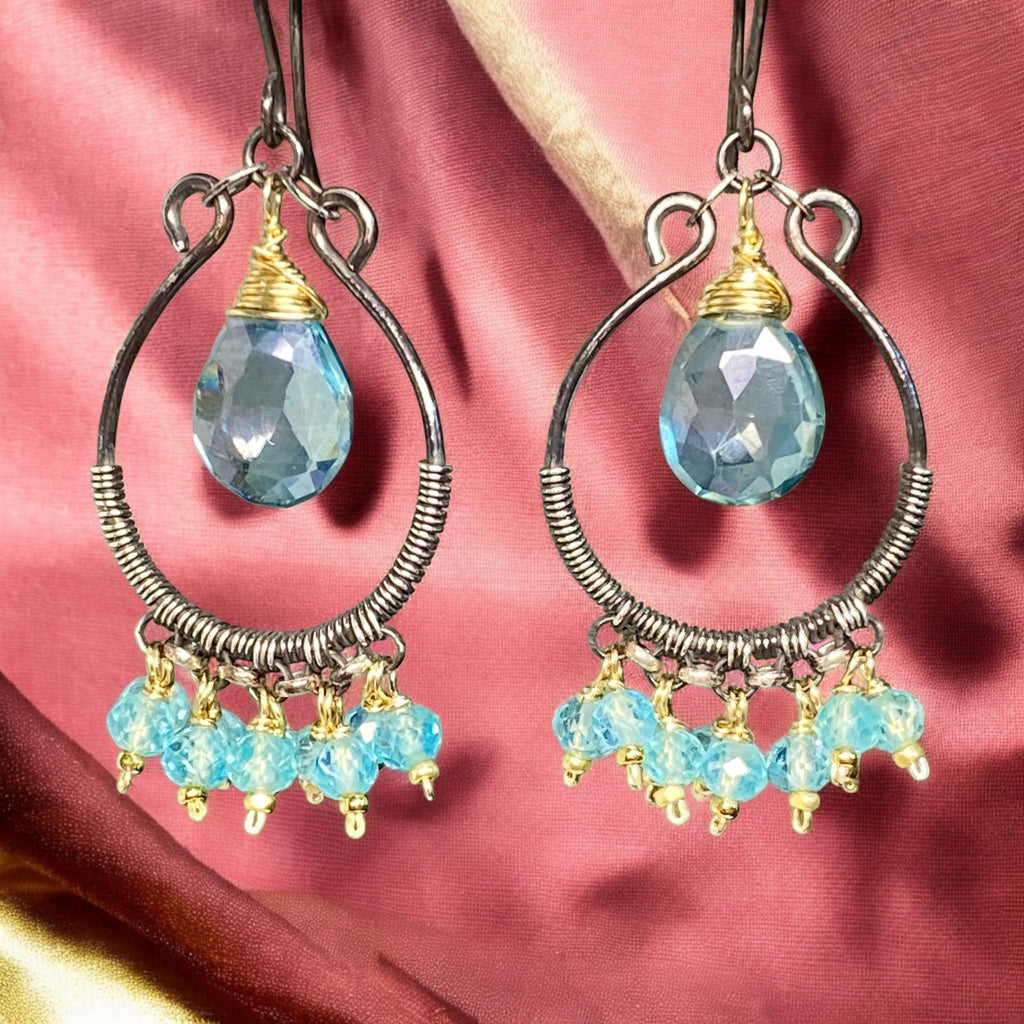 Aqua Apatite Oxidized Sterling Silver Hoop Chandelier Earrings