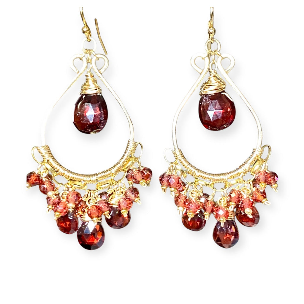 Red garnet chandelier earrings 14kt gold fill on plain white background
