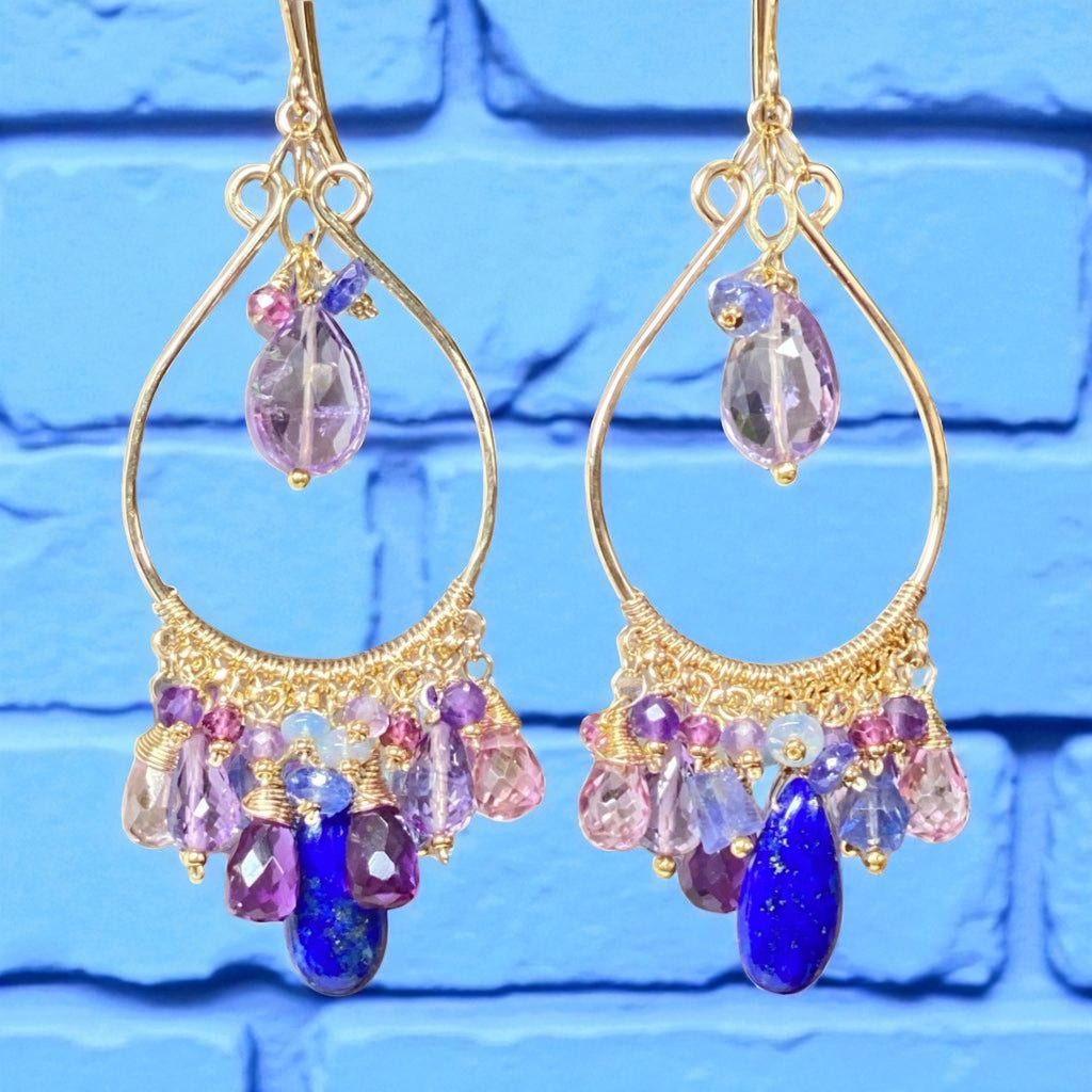 Gemstone Statement Chandelier Earrings in Pink, Lavender, Blue, Purple 3