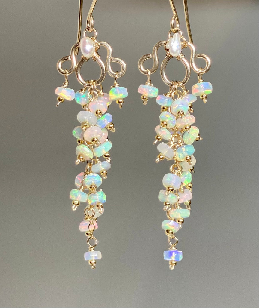 White Ethiopian Opal Chandelier Tassel Earrings Gold Fill