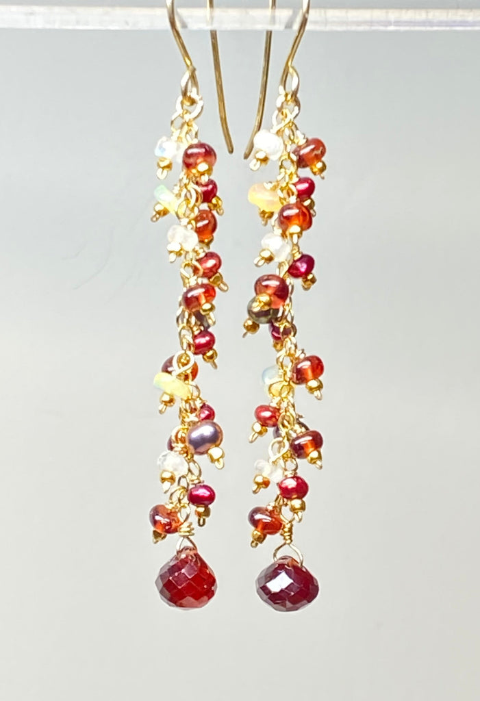 Red Garnet Cranberry Pearl and Opal Long Dangle Earring, Gold