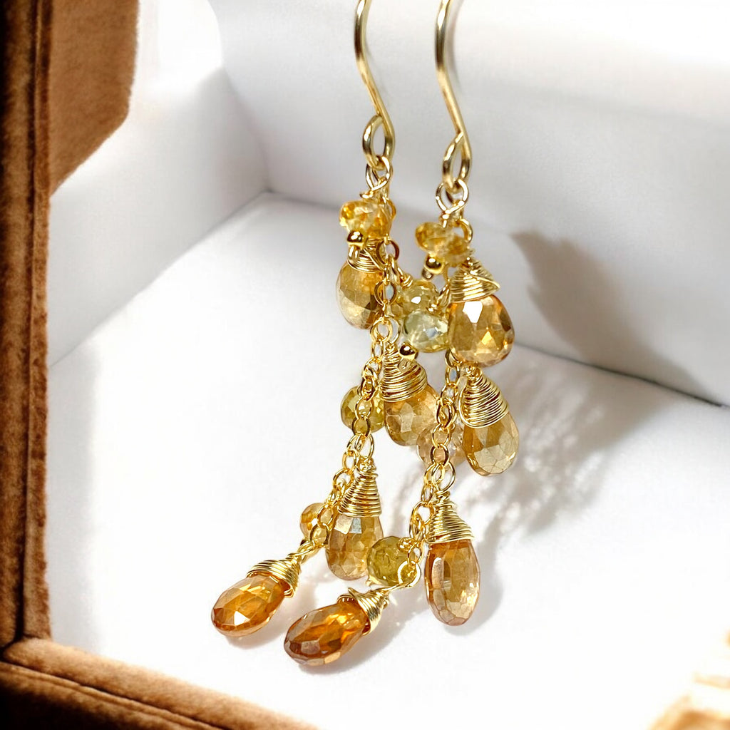 Golden Topaz and Natural Zircon Dangle Earrings Gold Fill 3