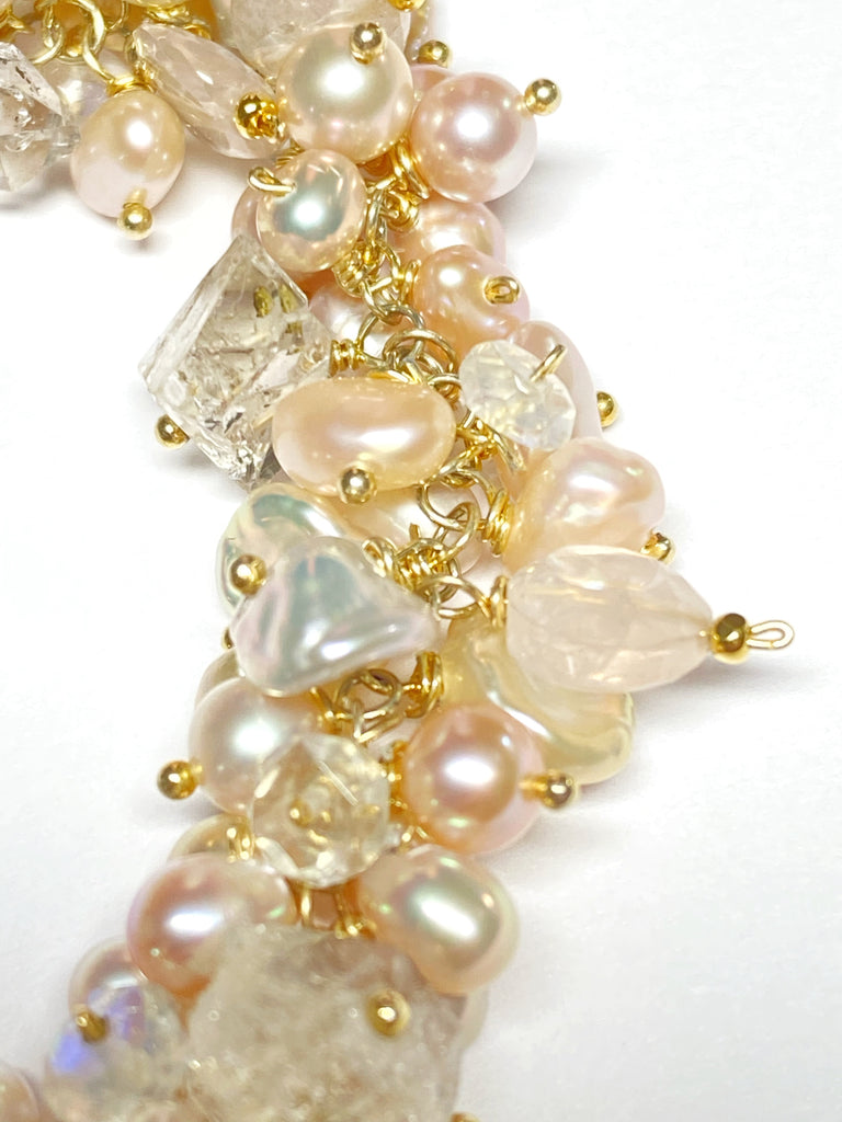 Ivory Blush Pearl Cluster Bracelet with Herkimer Diamond Quartz