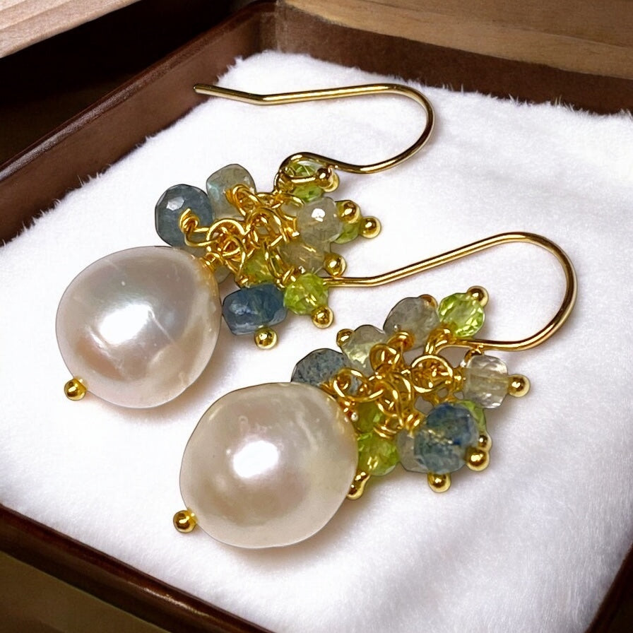 Pearl and Aquamarine, Labradorite, Peridot Cluster Earrings Gold Fill