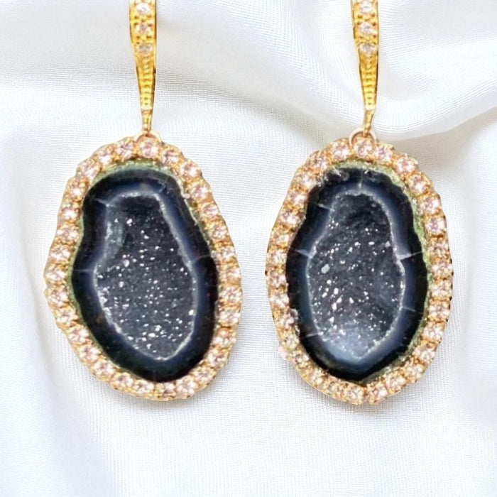 Black Tabasco Geode Druzy Diamond Look Earrings