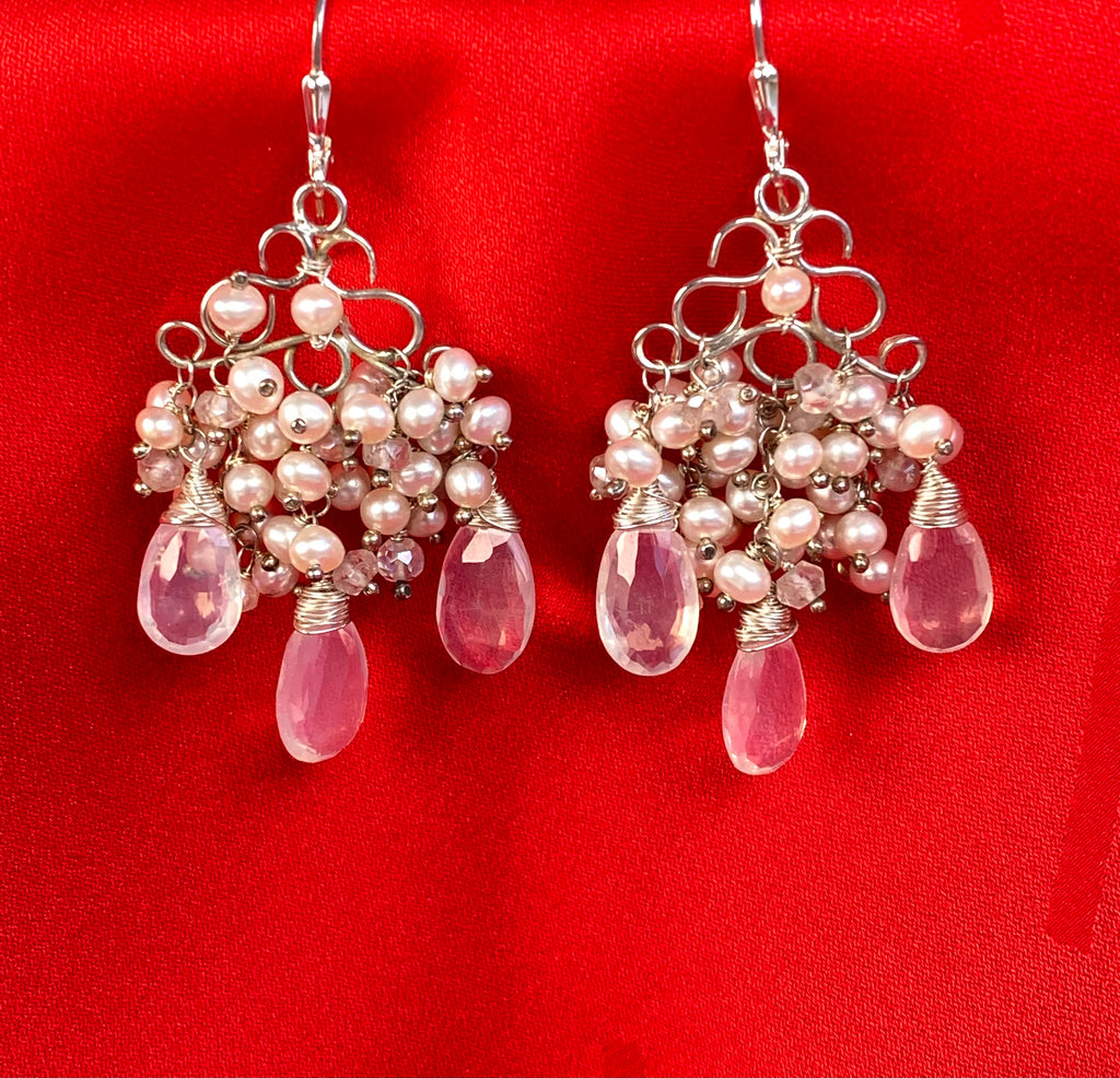 Ivory Pearl & Ice Quartz Chandelier Earrings Sterling Silver - Doolittle