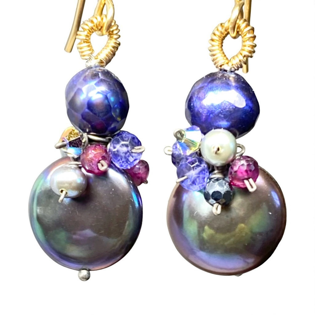 Peacock Coin Pearl Earrings with Faceted Blue Pearls