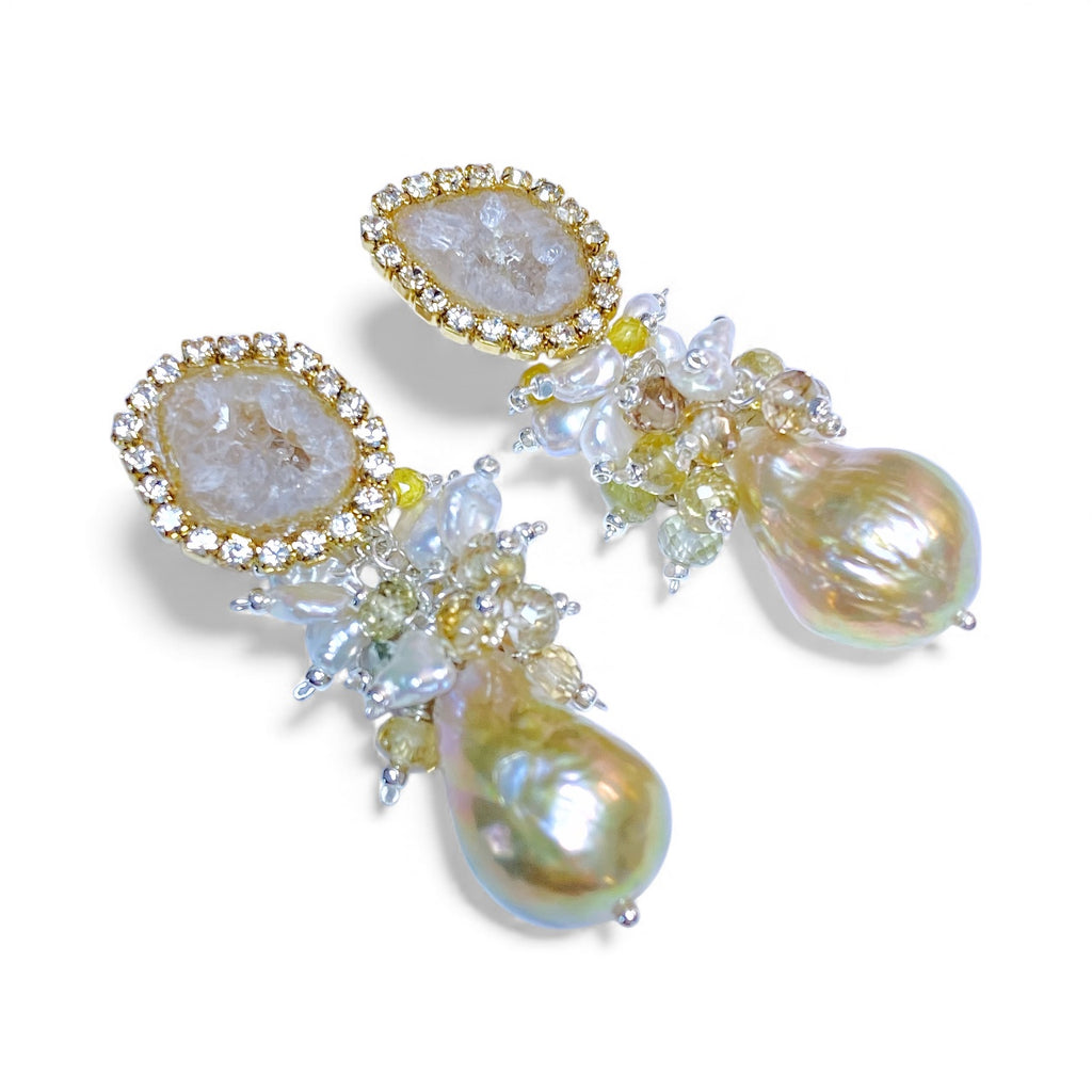 Tabasco Geode and Golden Baroque Pearl Cluster Post Earrings