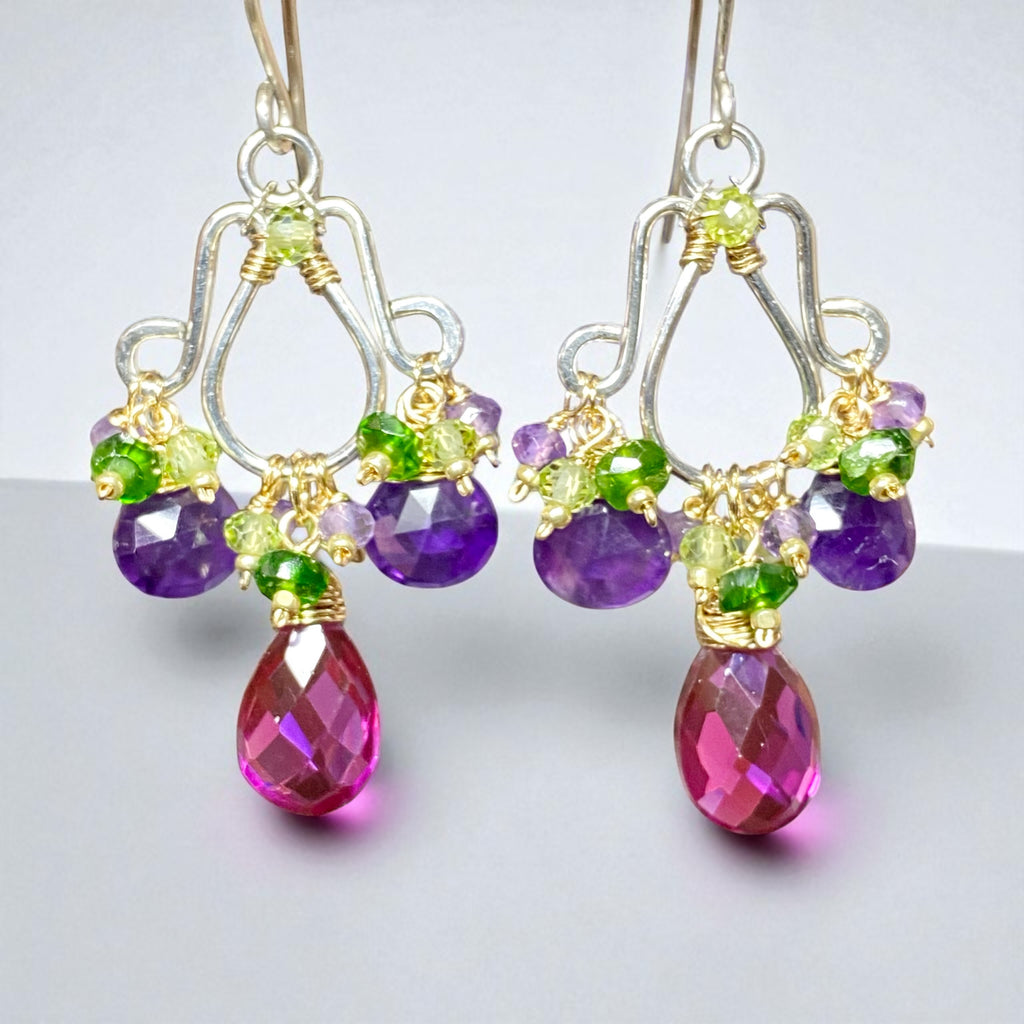 Amethyst, Rhodolite Mixed Metal Chandelier Earrings - Purple, Violet, Green