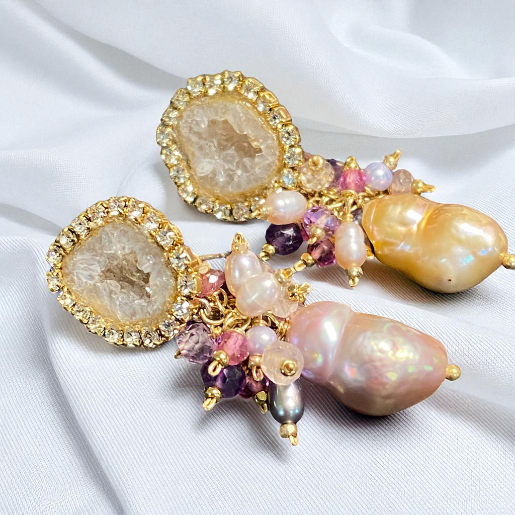 Tabasco Geode and Pink Baroque Pearl Cluster Post Earrings