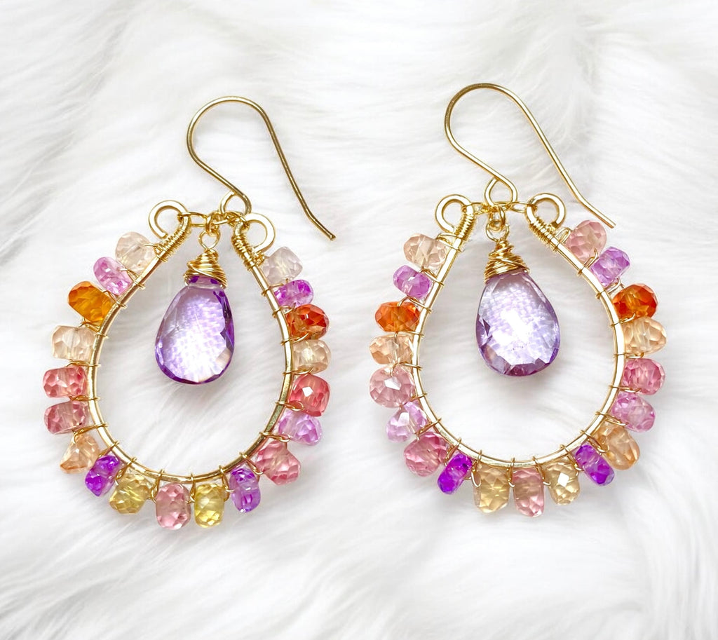 Colorful Gemstone Hoop Earrings:  Padparadscha Sapphire, Amethyst Quartz, Gold Fill, Statement Earrings - Doolittle