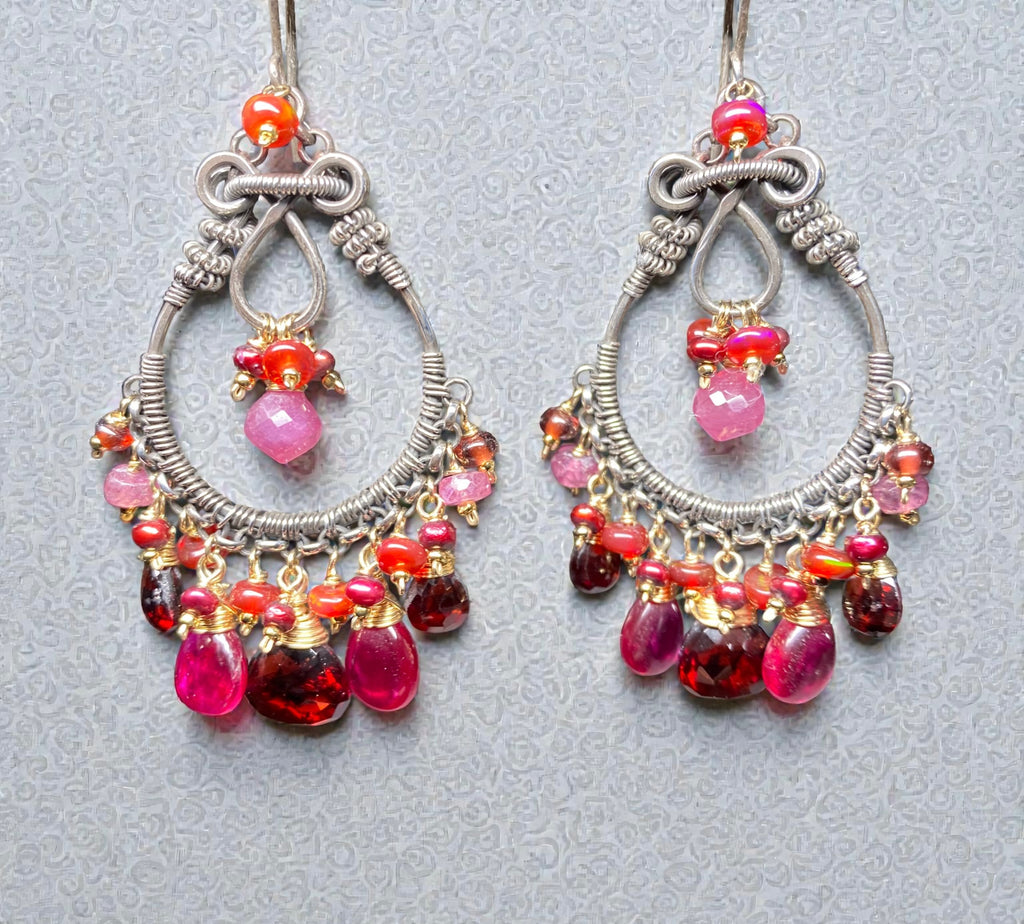 Red Garnet Mixed Metal Chandelier Hoop Earrings - Red Opals, Pink Sapphire Sterling Silver Gold Fill