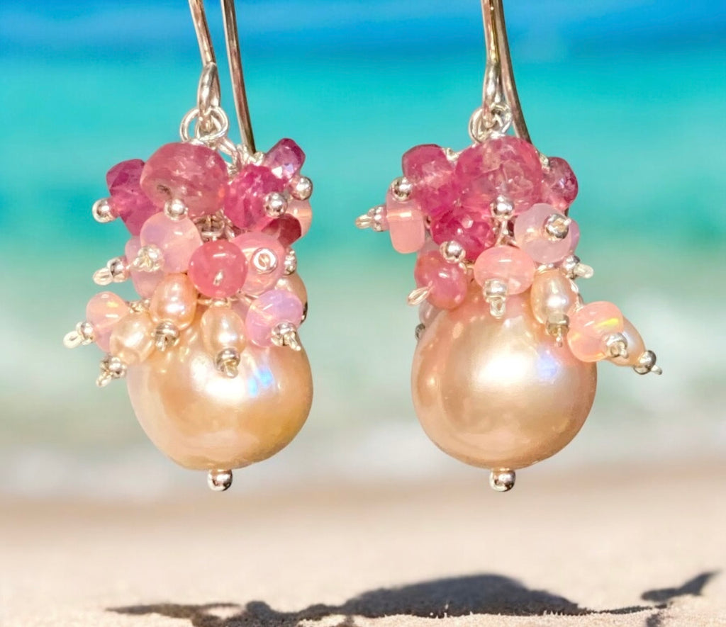 Pink Pearl Earrings with Pink Sapphire and Opal Clusters