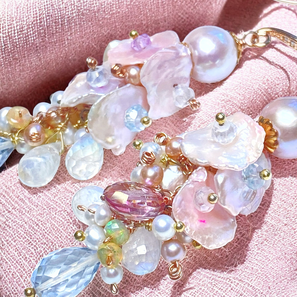 Blush Keishi Pearl Pink Topaz Ivory Pearl Rose Gold Long Dangle Bridal Earrings