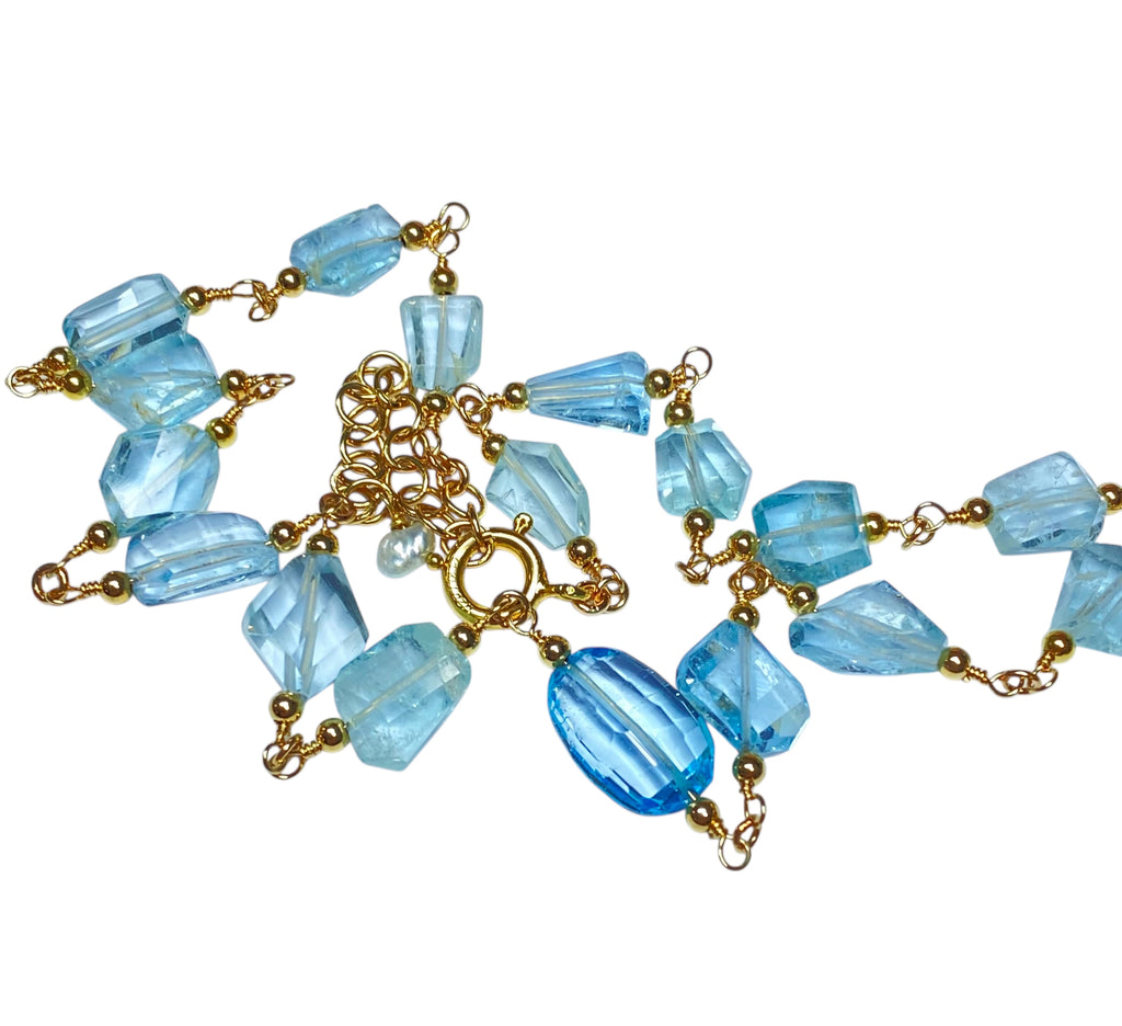 Blue Topaz and Aquamarine 14K Gold Fill Necklace Rosary Style Wire Wrap