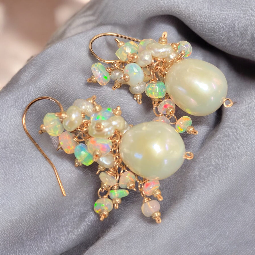 Pearl and Ethiopian Opal Cluster Earrings