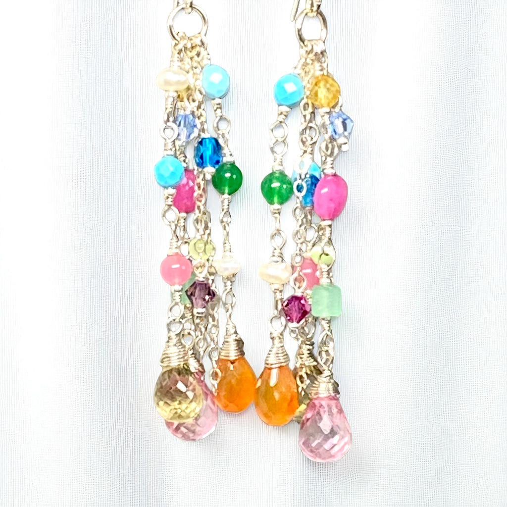 Multicolor Gemstone Dangle Earrings Sterling Silver - Pink, Orange, Yellow - Doolittle