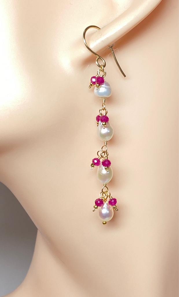 Ruby and Pearl Long Dainty Earrings Gold Fill