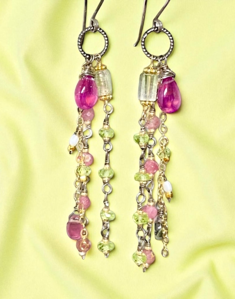 Pink Sapphire, Peridot and Tourmaline Gemstone Long Dangle Earrings