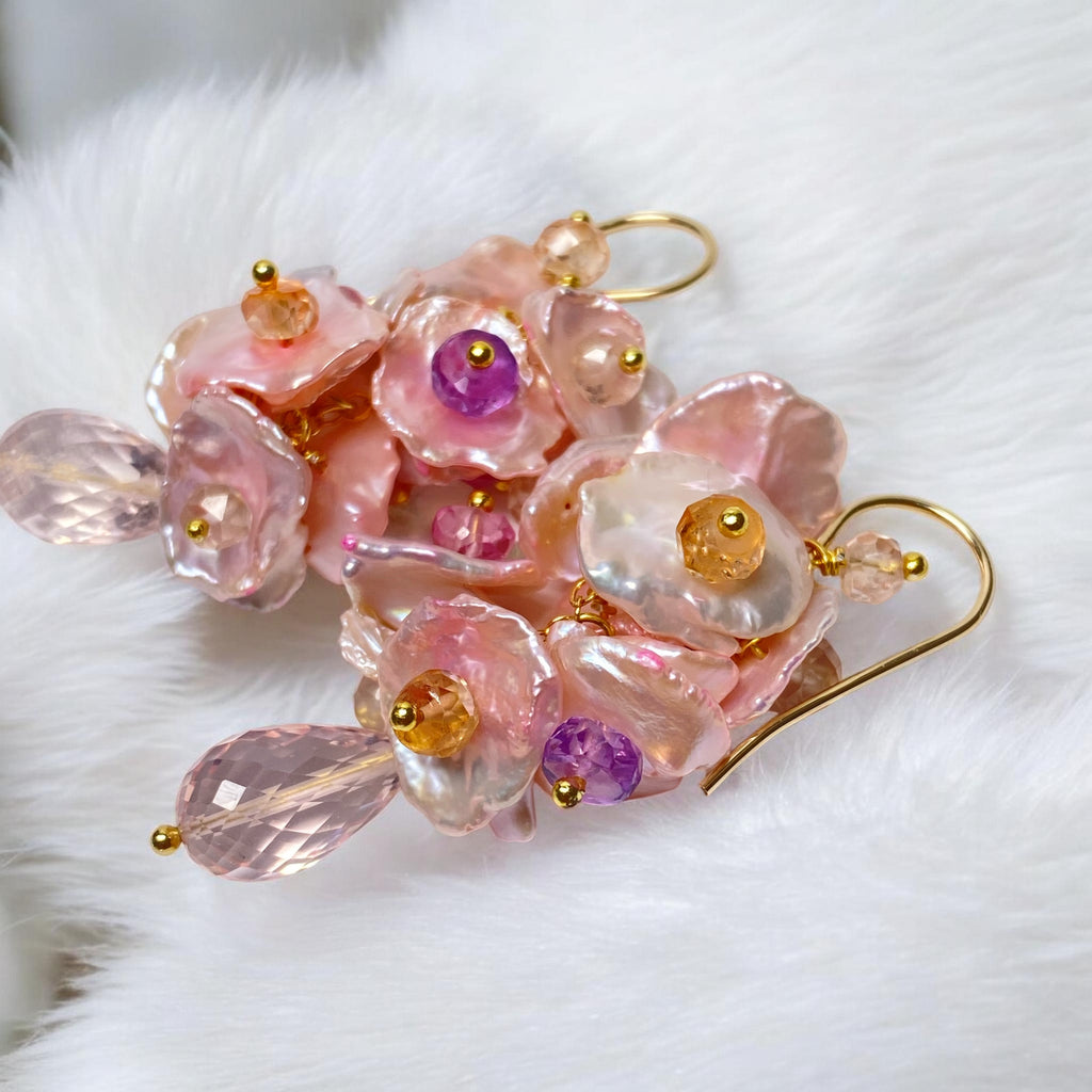 Padparadscha Sapphire Keishi Pearl Dangle Earrings with Rose Quartz Gold Fill - Doolittle