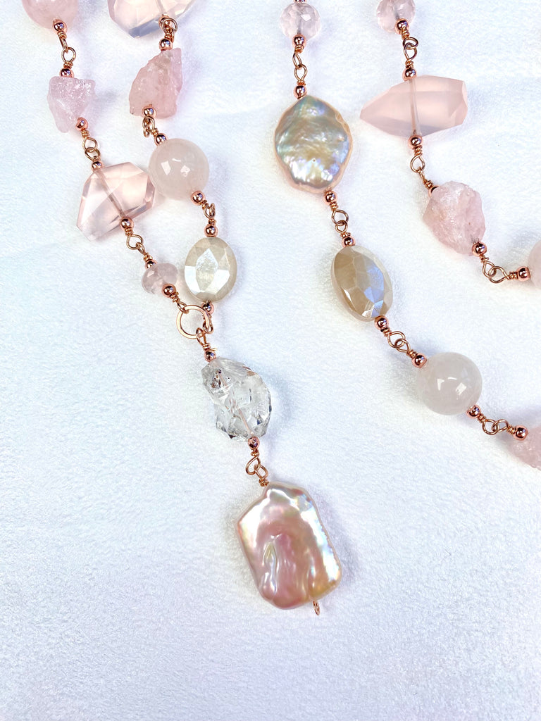 Blush Pink Coin Pearl Long Sautoir Necklace — Rose Gold Fill, Rose Quartz & Morganite