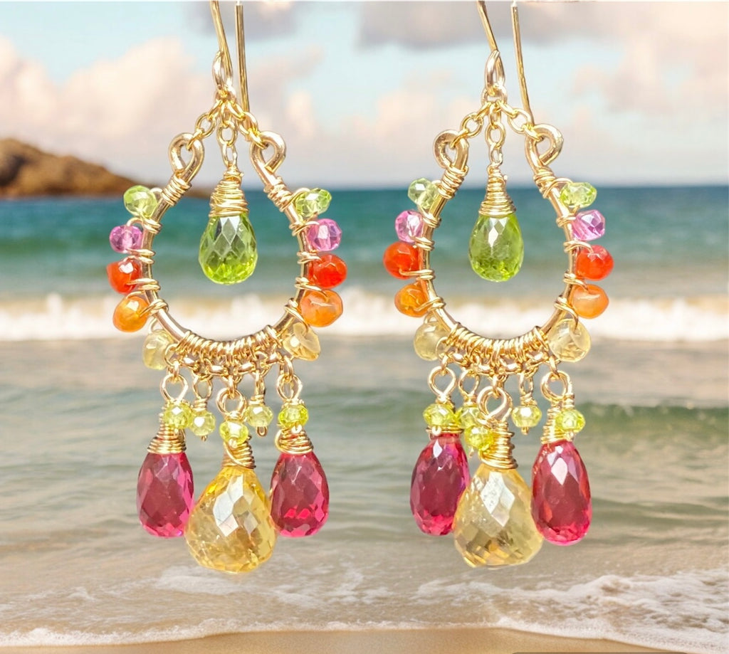 Colorful Gemstone Chandelier Earrings:  Peridot, Citrine, Fuchsia Pink Quartz, Gold Fill