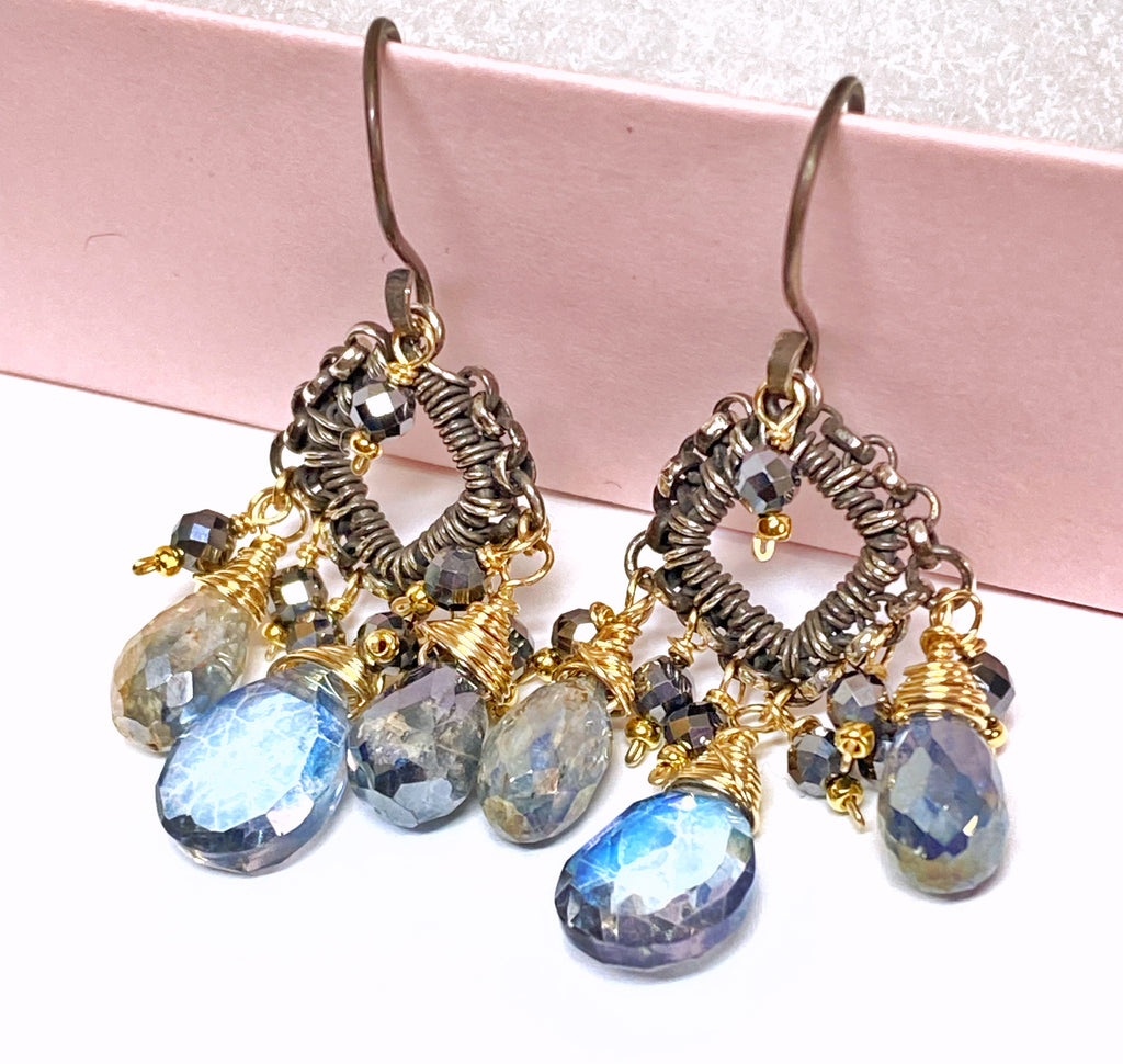 Mystic Blue Quartz Mixed Metal Chandelier Earrings