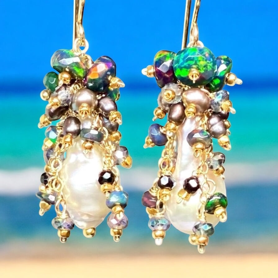 Baroque Pearl Earrings with Fiery Black Ethiopian Opals 2