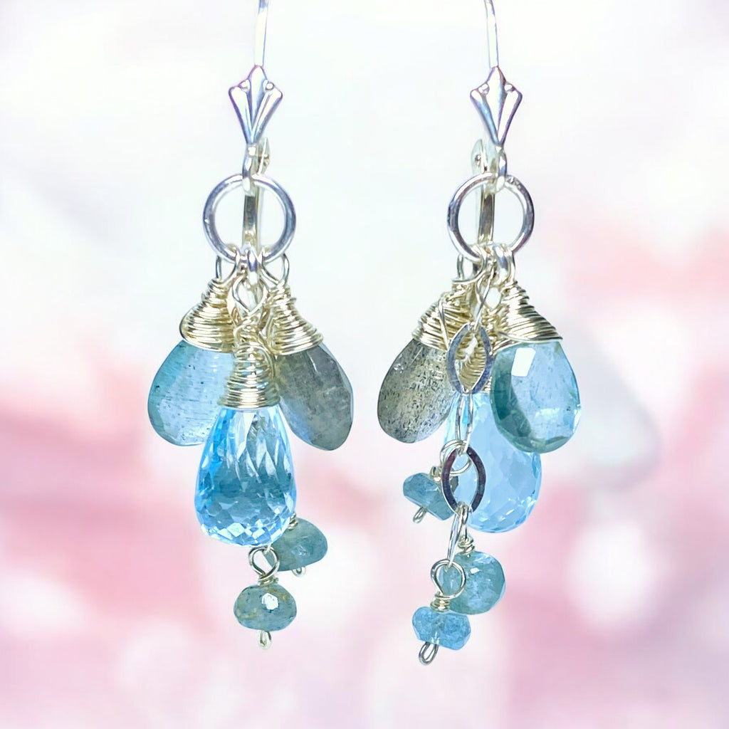 Moss Aquamarine, Blue Topaz, Labradorite Dangle Earrings Sterling Silver