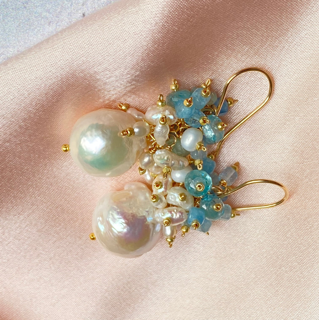 Blue Zircon Pearl Cluster Earrings Gold Post