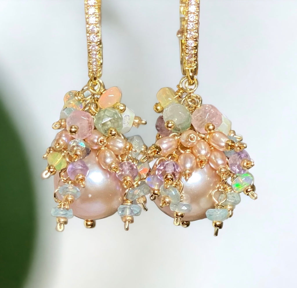Pink Round Pearl and Gem Cluster Wedding Earrings with Tourmaline and Opals