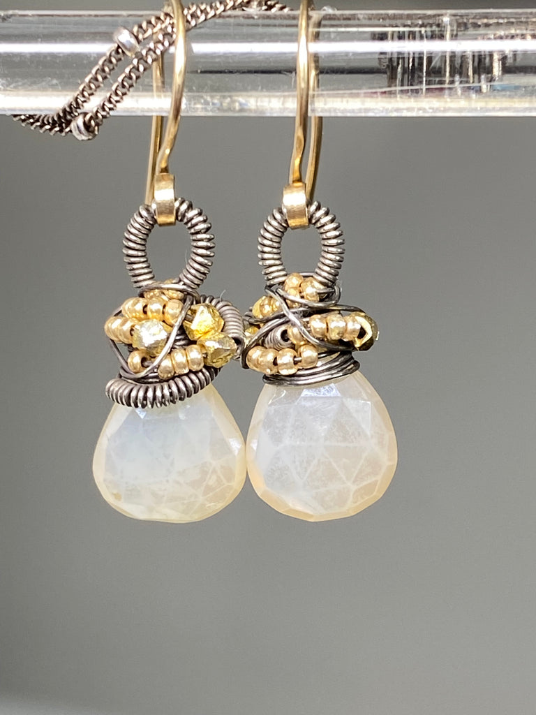 Mystic Ivory Chalcedony Mixed Metal Necklace Earrings Set