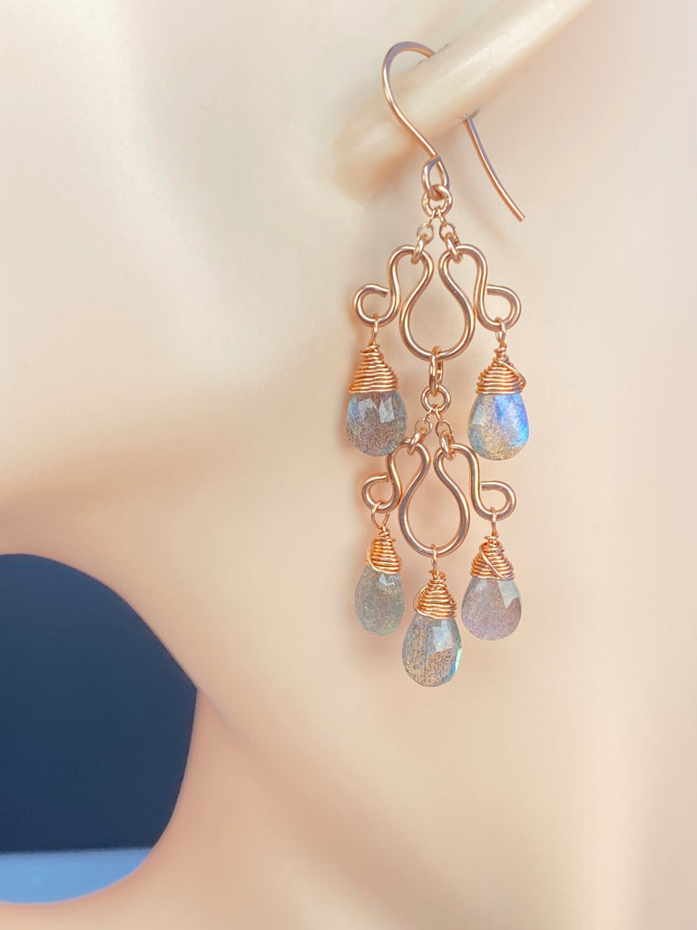 Double-tier labradorite chandelier earring shown on a mannequin ear, with a rose gold-filled French hook.