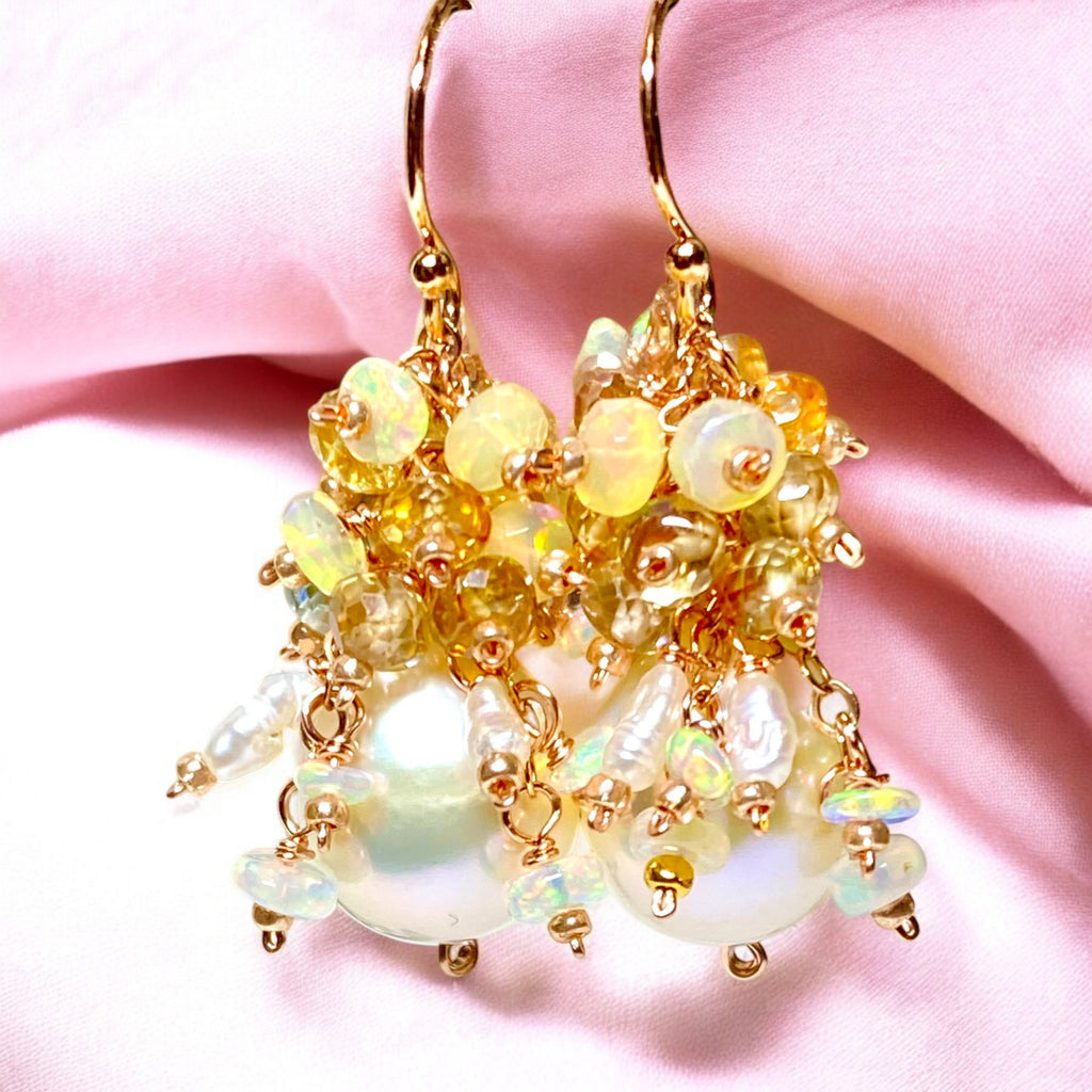 Natural Zircon Gemstone, Opal and Pearl Cluster Earrings, Rose Gold Fill