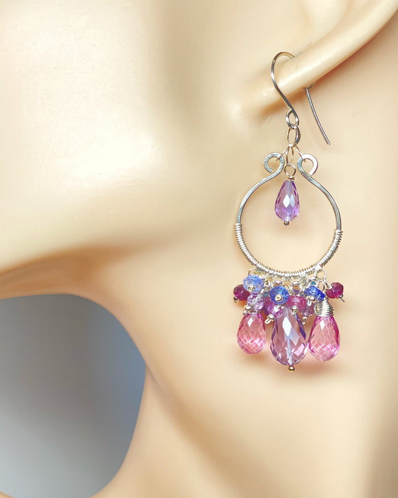 Pink Gemstone and Amethyst Chandelier Earrings Sterling Silver