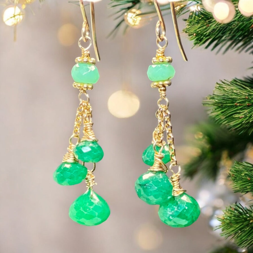 Emerald and Chrysoprase Dangle Earrings in Gold Fill