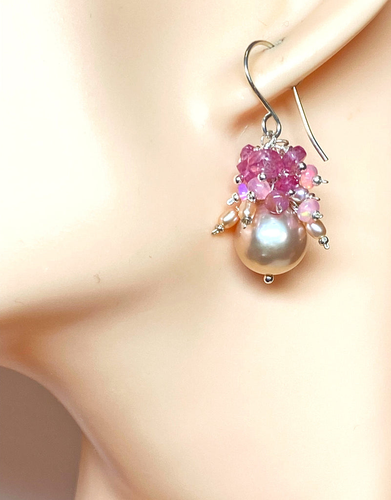 Pink Pearl Earrings with Pink Sapphire and Opal Clusters