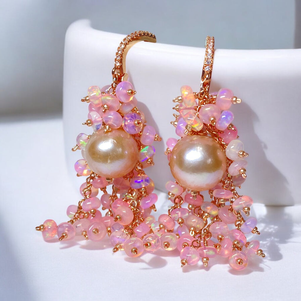 Pink Pearl, Pink Opal Statement Cluster Dangle Earrings, Rose Gold