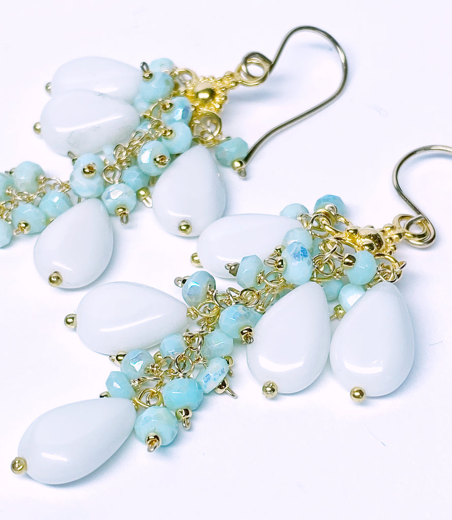 White and Aqua Mystic Peruvian Opal Long Gem Dangle Chandelier Earrings