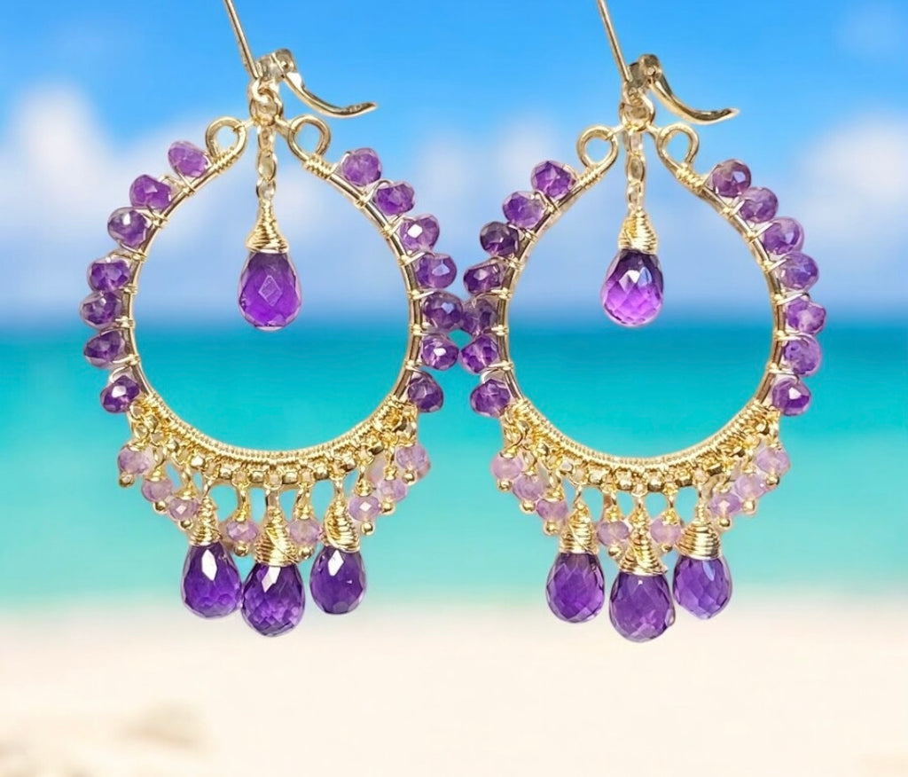 Amethyst Gold Fill Hoop Chandelier Earrings