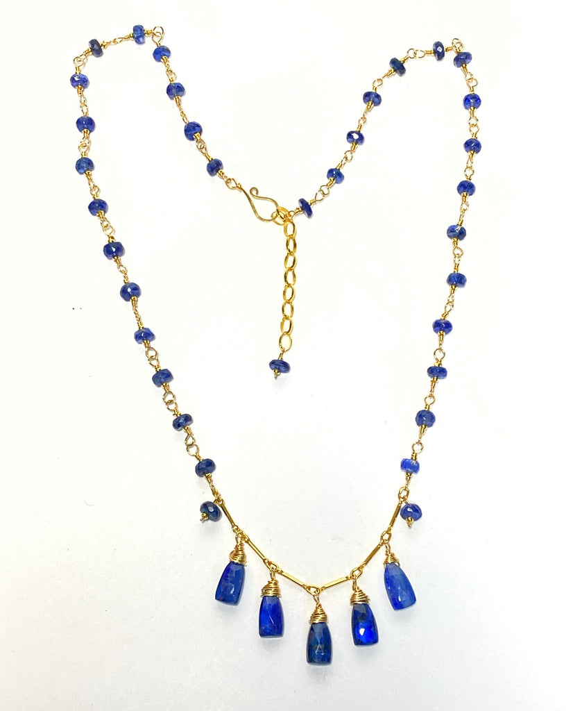 Blue Kyanite Gold Fill Dangle Necklace Rosary Style Wire Wrap