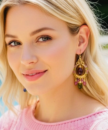 Tourmaline Gemstone Chandelier Hoop Earrings Gold Fill 3