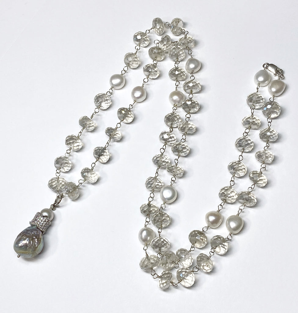 Mystic Silver Quartz and Pearl Long Wire Wrap Necklace Sterling Silver