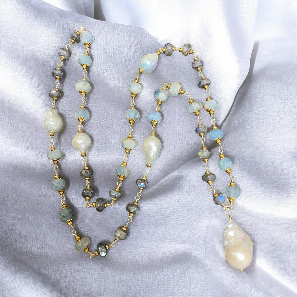 Aquamarine, Labradorite, Pearl Long Wire Wrapped Necklace